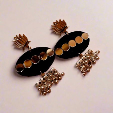 Plain Black Mirror And Silver Ghungroo Earrings